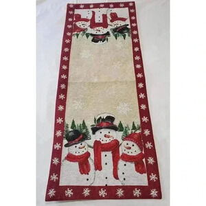 St. Nicholas Square Red Holiday Table Runner Christmas Snowmen Snowflake 13x35"
